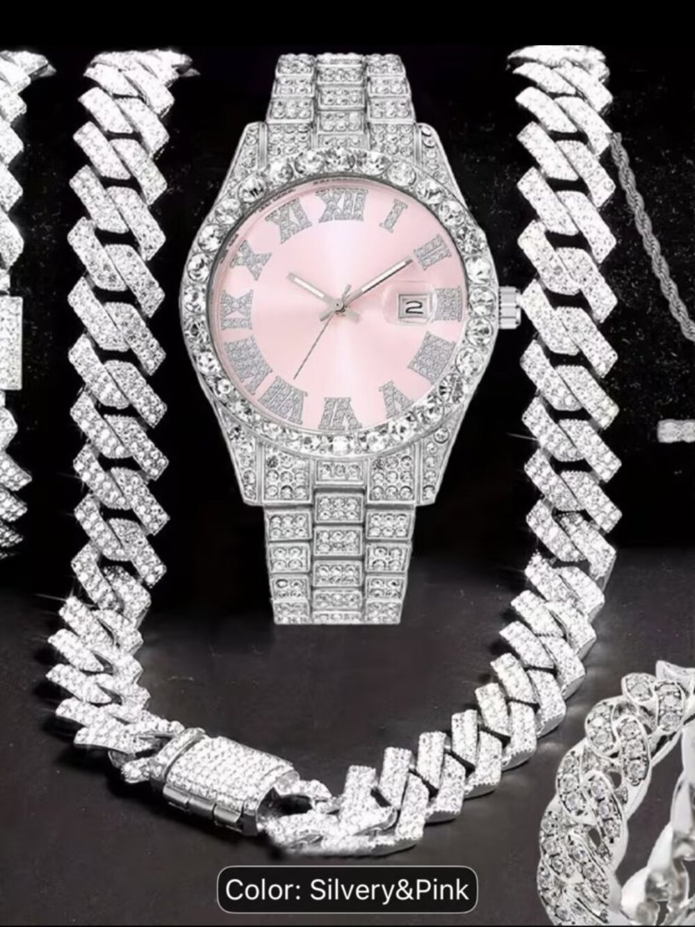 6-Piece Men's Silver and Pink Fashion Cuban Link Bracelet and Watch Set